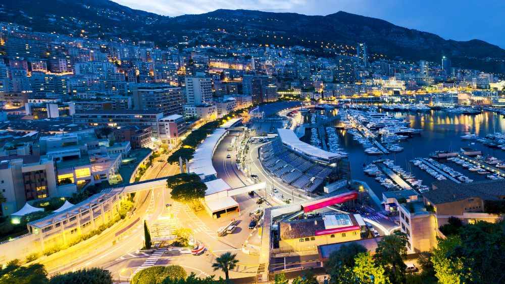 aerial view of the Monaco Grand Prix Circuit showing buildings and body of water