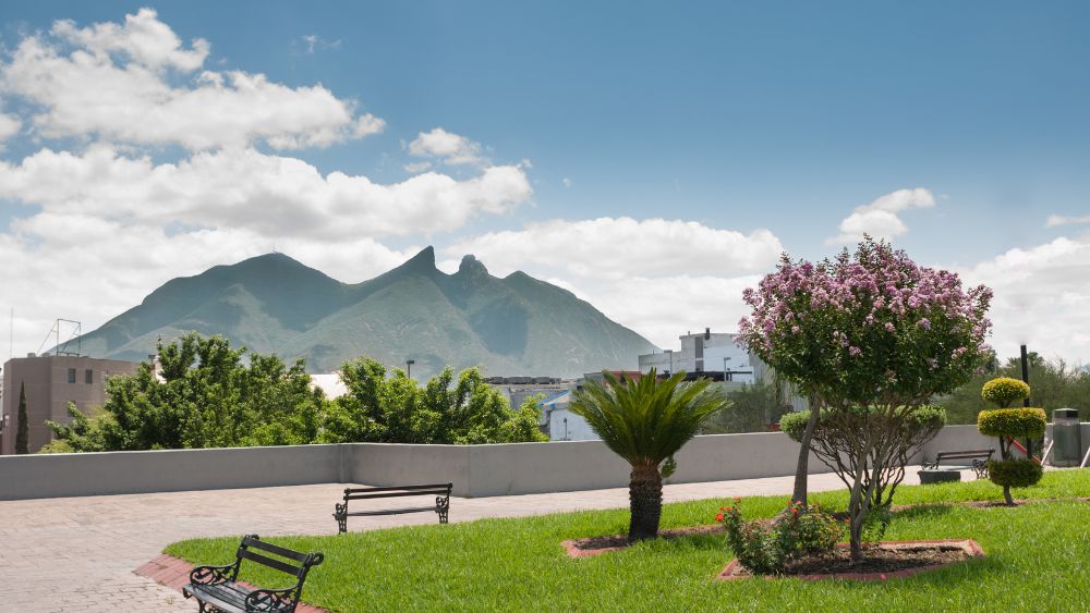 park with bench near the grass and trees with background of mountain- 25 Best Places to Visit in Mexico