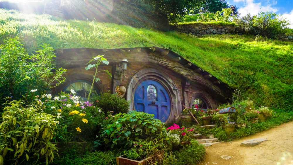 hobbit house surrounded by green grass and flowers