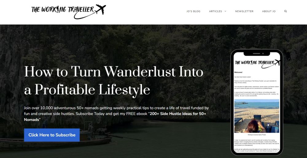 screenshot of theworkingtraveller newsletter