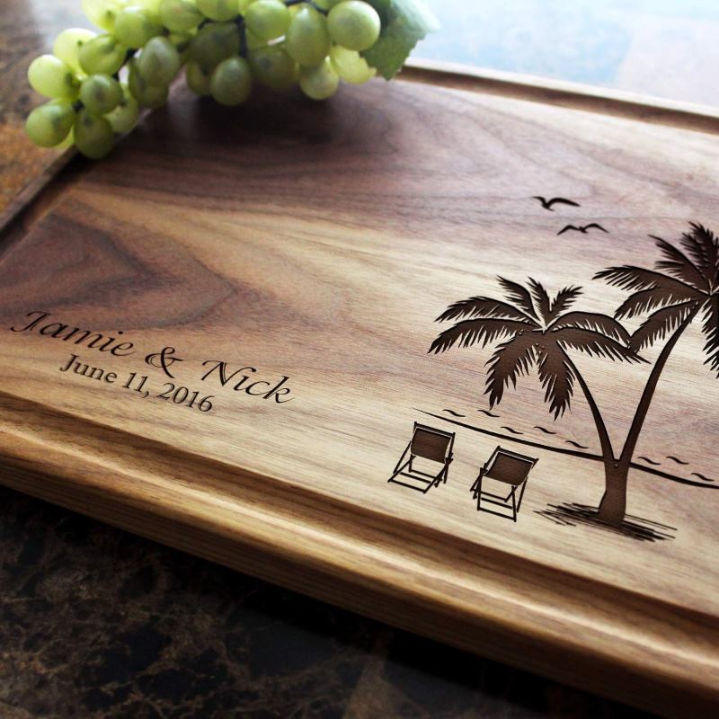 personalized beach design wooden chopping board with green grapes beside it