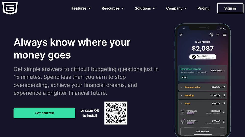 screenshot of Pocketguard landing page- travel budget apps