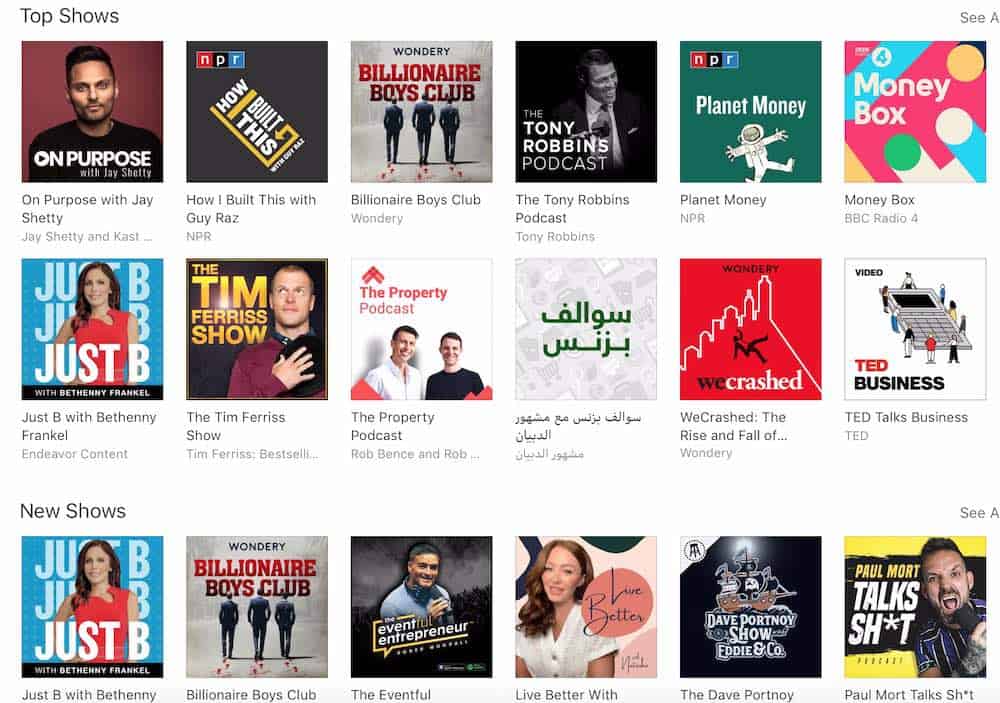 Screenshot of sample podcasting profiles