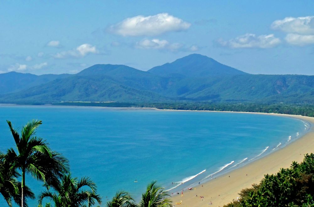 aerial view of the blue ocean surrounded by bushy green mountains and forest