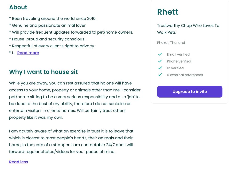 screenshot of profile about the house sitter
