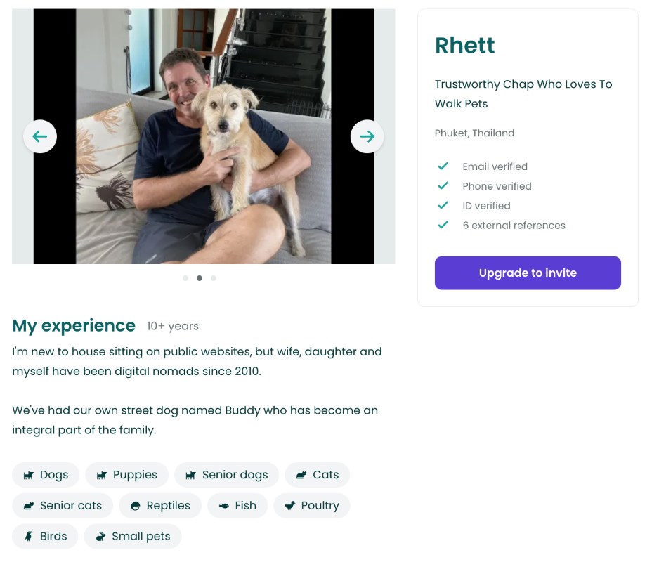 screenshot of sample profile for house sitter