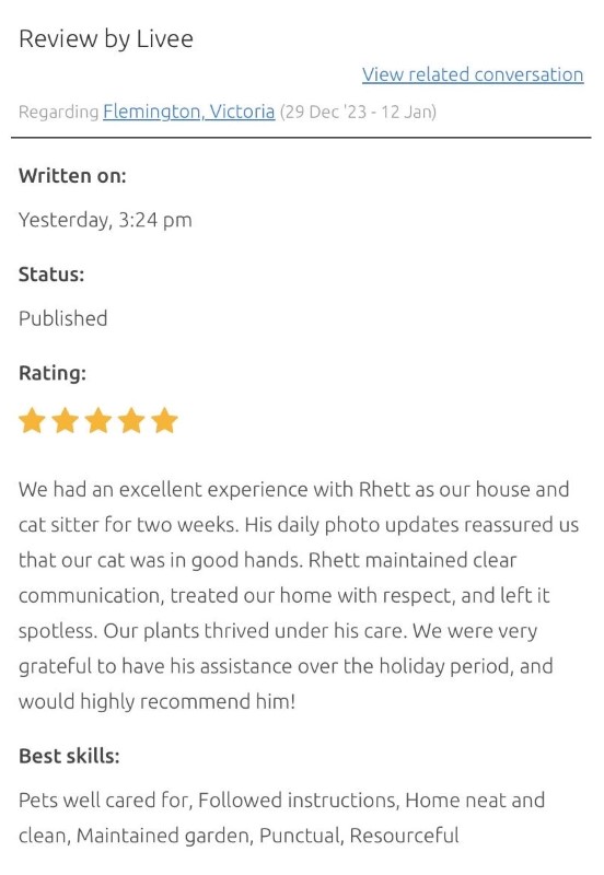 screenshot of review about the house sitter