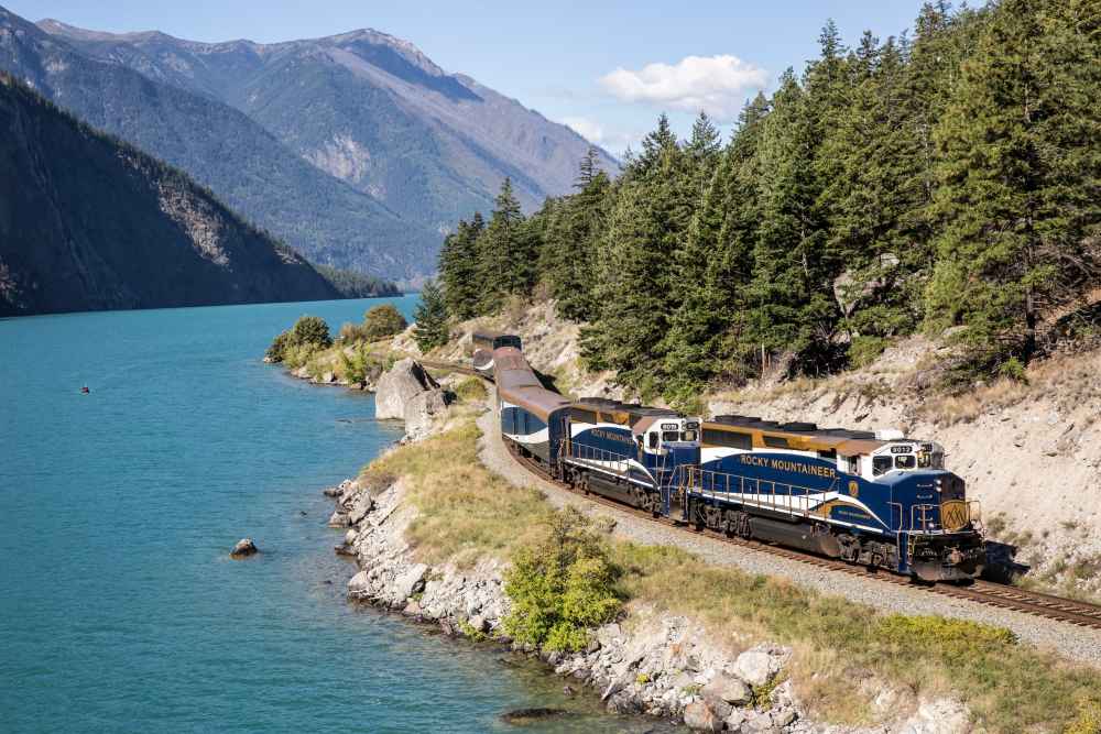 train in the side of a rocky hill beside body of water