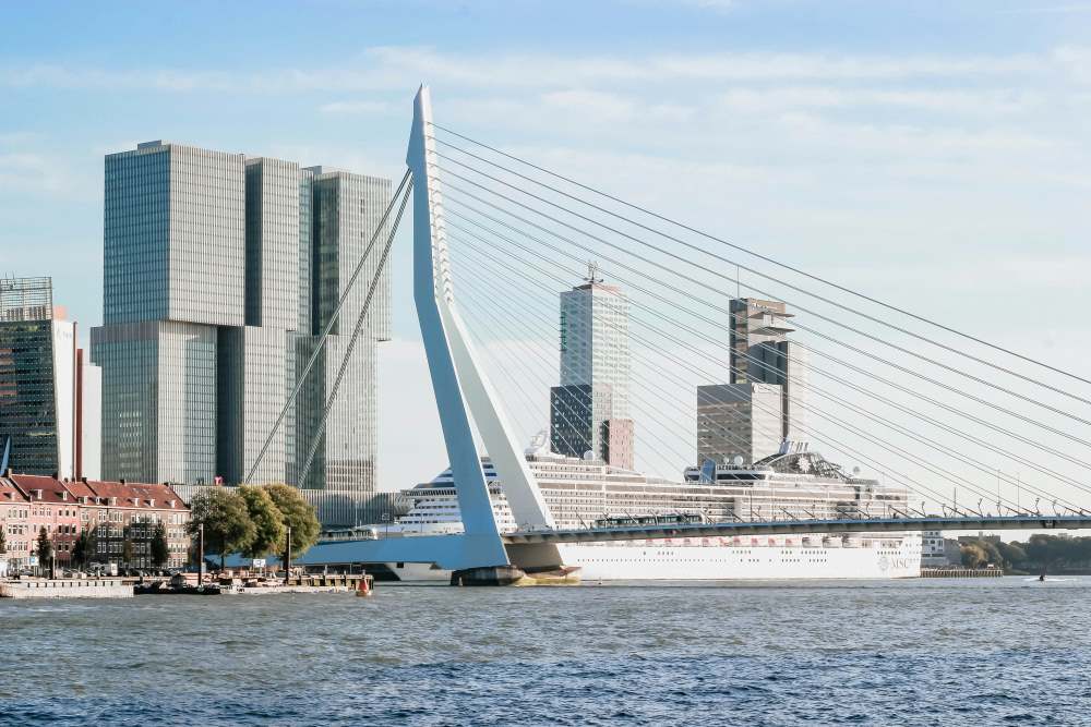 cruise ship near the bridge and high rise gray building