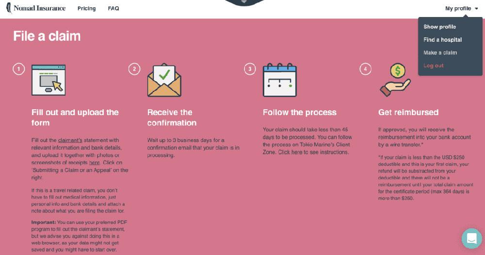 Screenshot of safetywing claim procedure