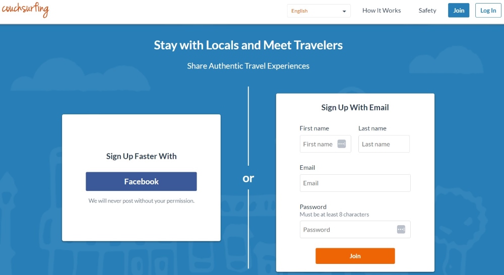 screenshot of couchsurfing landing page