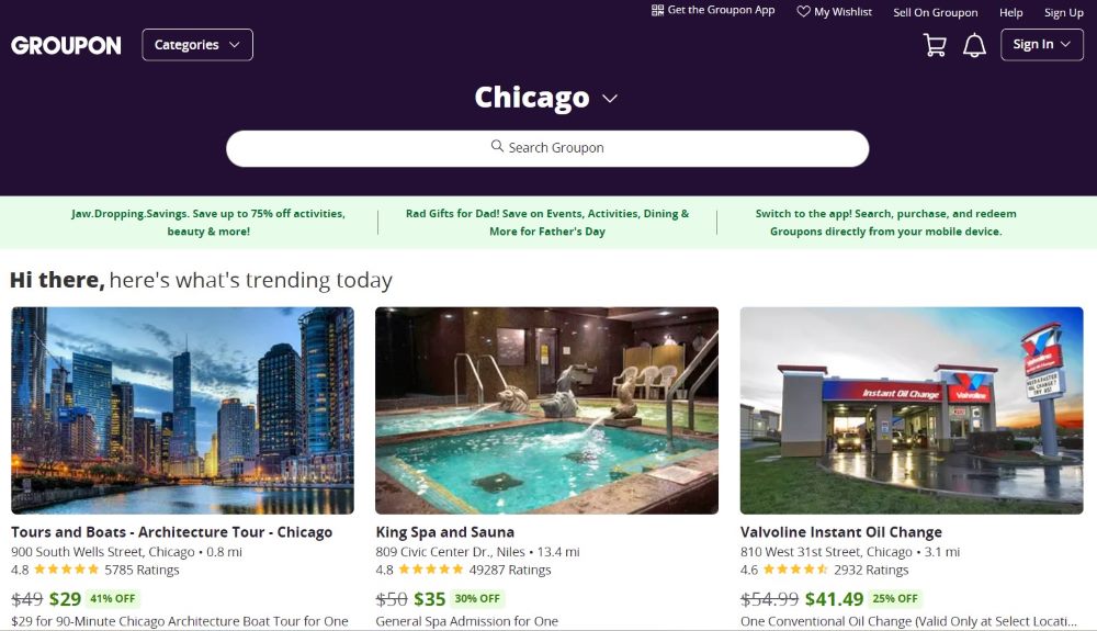 screenshot of groupon landing page