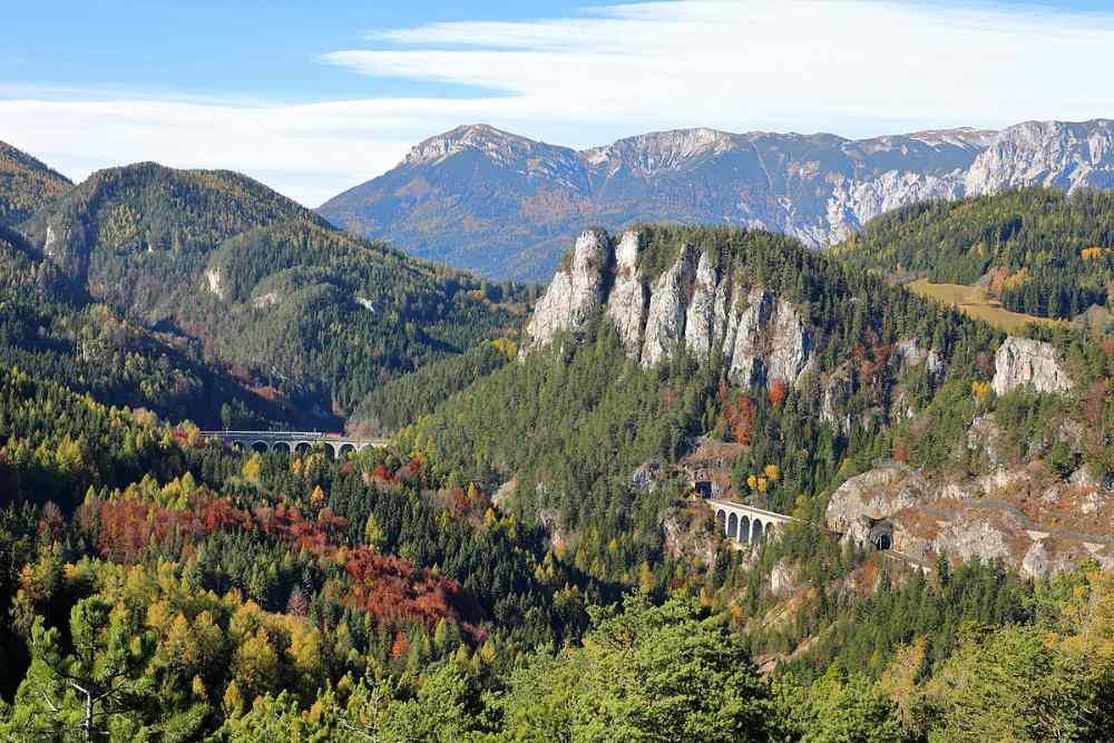 aerial and stunning view of the Semmering Railway in Lower Austria surrounded by mountains and forest