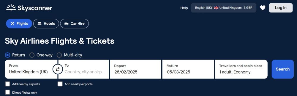 screenshot of skyscanner homepage to look for flight