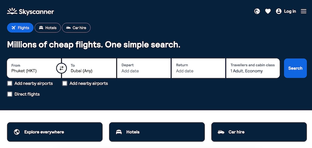 screenshot of skyscanner landing page - travel budget apps