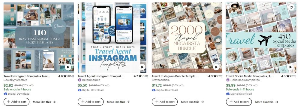 screenshot of sample travel social media templates