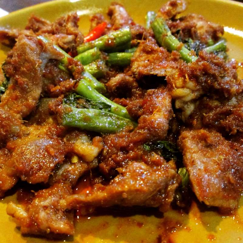  Thai stir-fry, combines selected meat with eggplant, bamboo shoots, and basil.