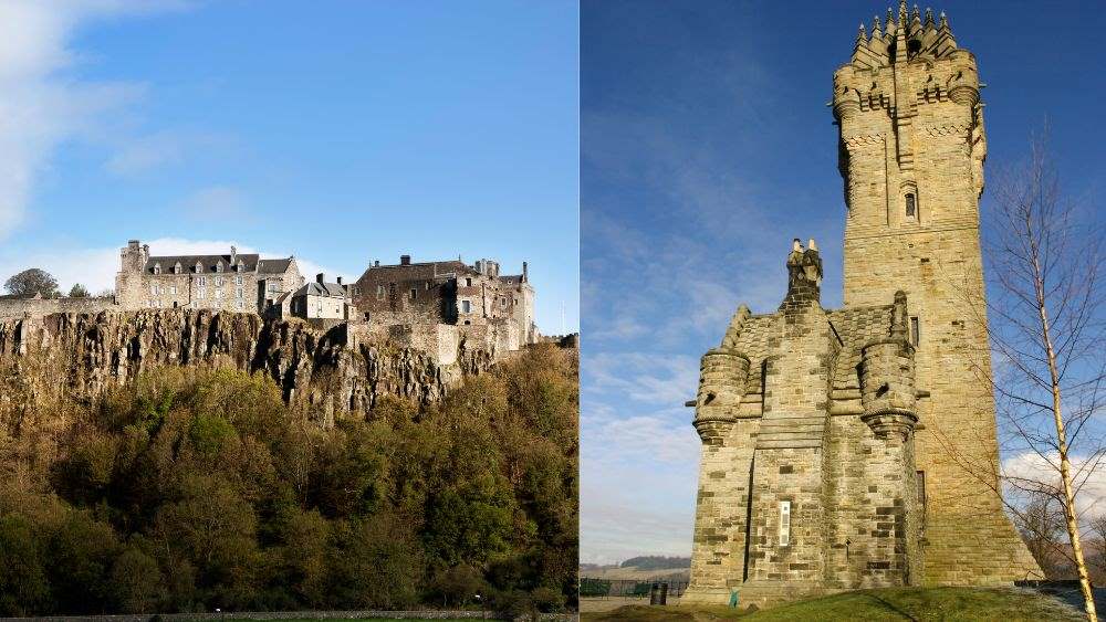 two images, left shows an old structure knows as Stirling Castle and right is a tall structure building known as Wallace Monument- Things to Do in Scotland