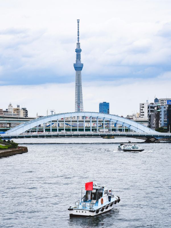 small white boat in the ocean goinf in the bridge