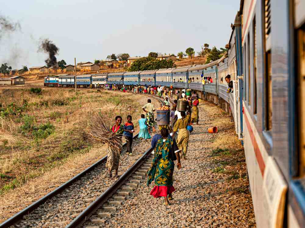 people walking with blue train on the side