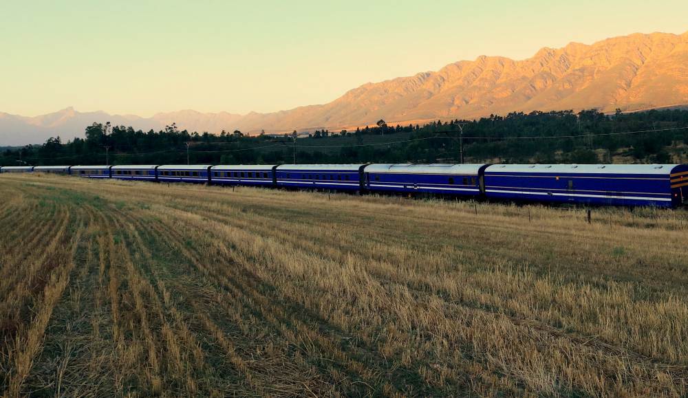 blue train beside the fields