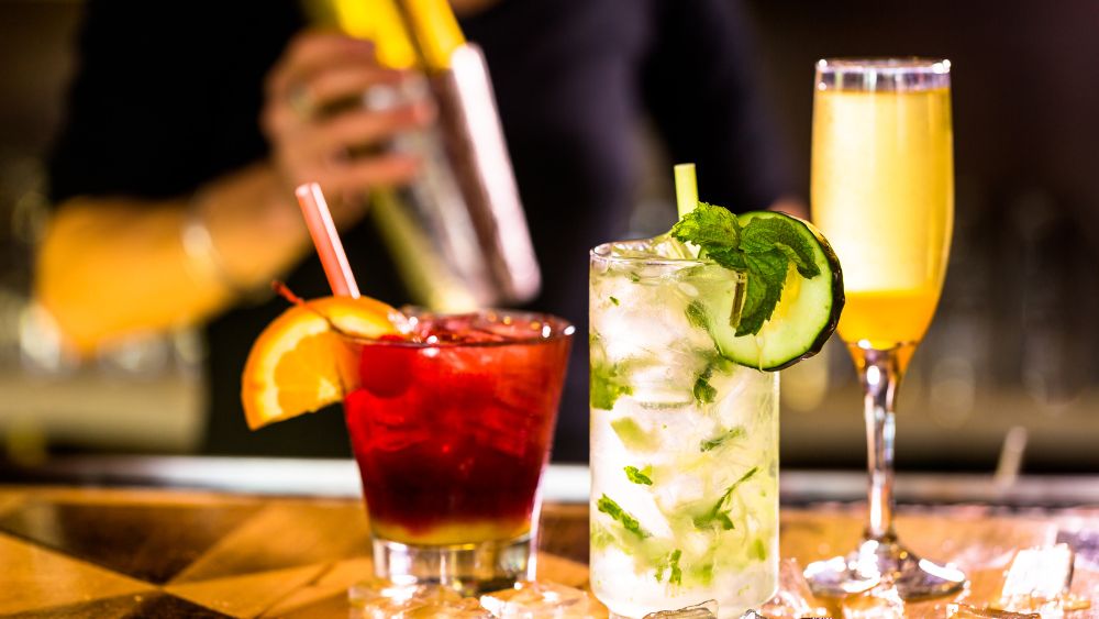 different kind of cocktail drinks in different kind of glasses