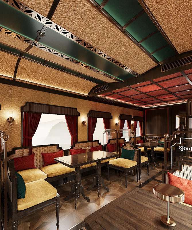 luxury chairs and tables inside the train