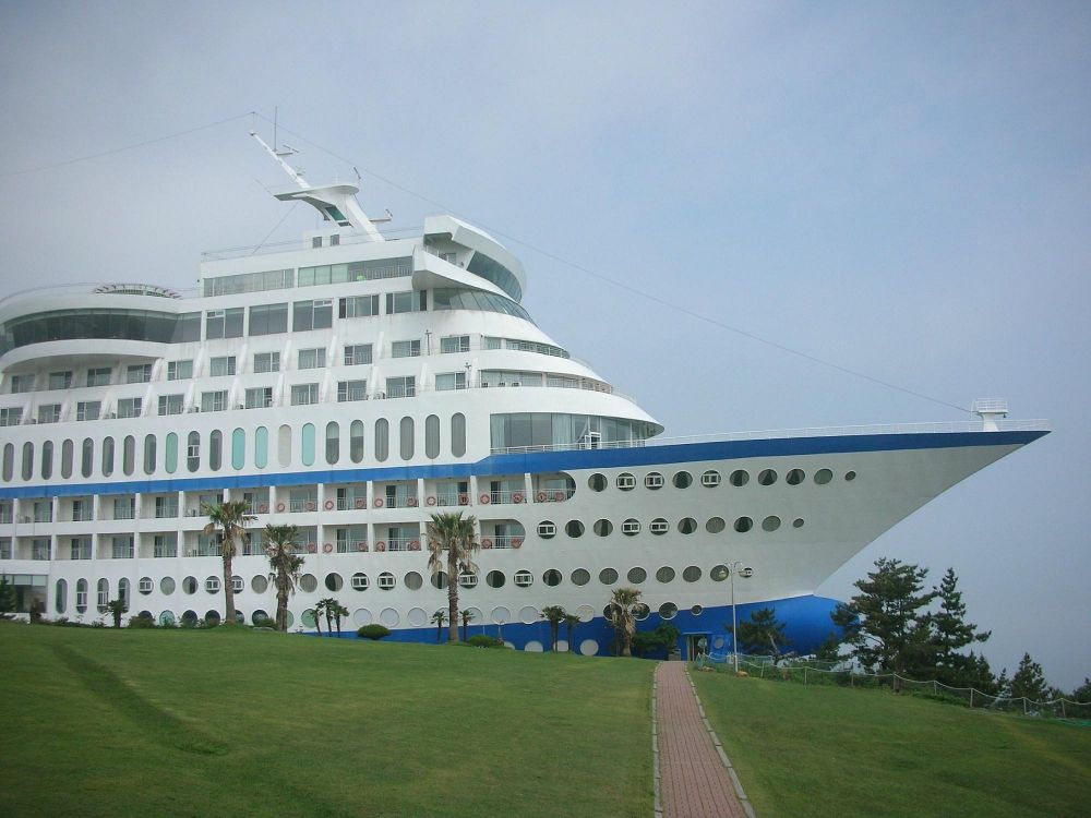 big white cruise ship dock at a green field