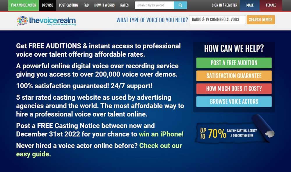 get paid to read books aloud: Screenshot of The Voice realm homepage 