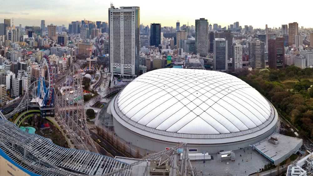 aerial view of the Tokyo Dome City in the middle of high rise buildings