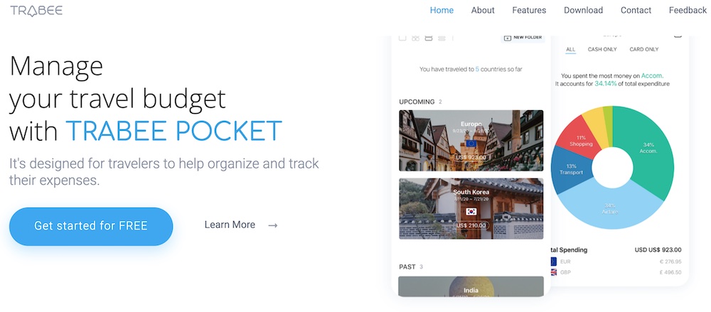 screenshot of trabeepocket landing page- travel budget apps
