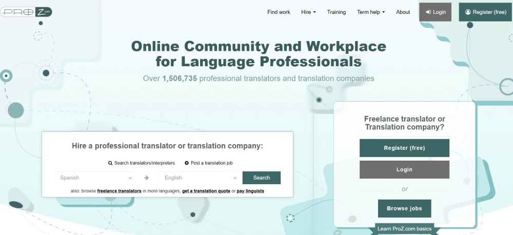 screenshot of proz homepage