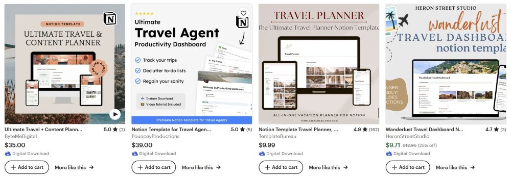 screenshot of sample travel planners templates fro sale on etsy