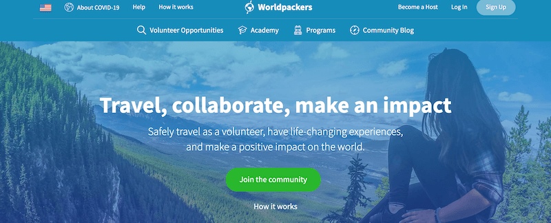 Screenshot of travel the world as a volunteer with worldpackers page