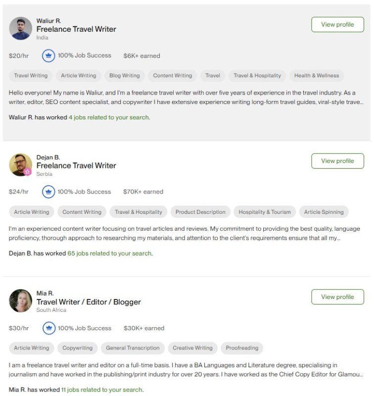 screenshot of sample travel writer at upwork