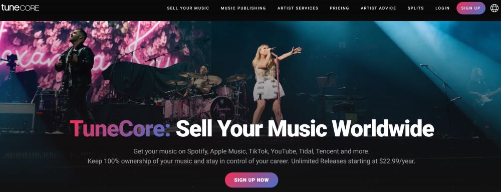 screenshot of tunecore homepage