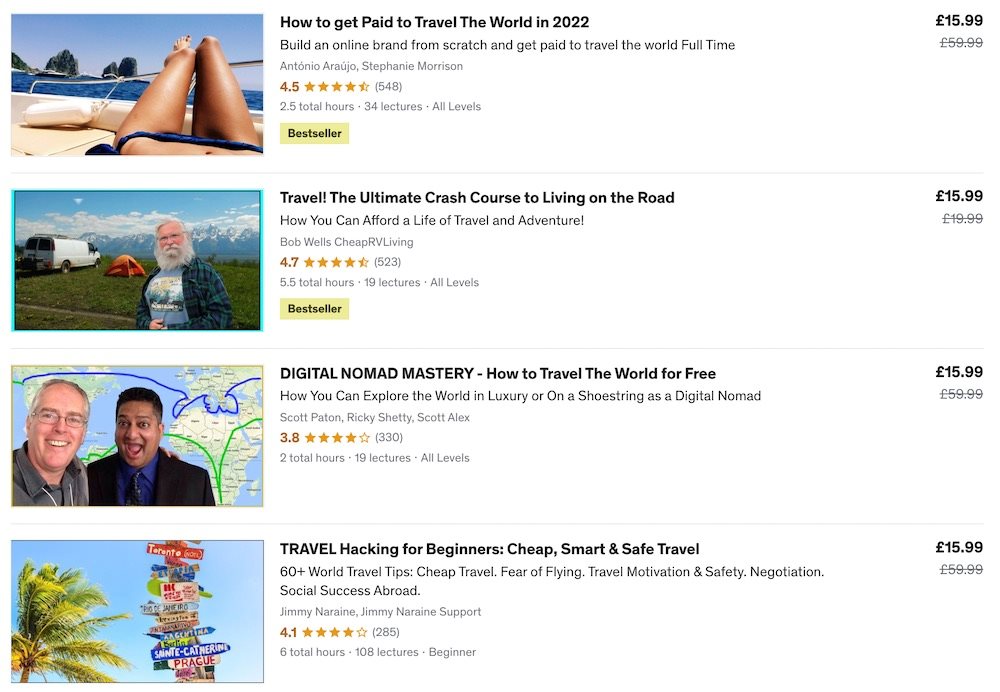 screenshot of sample travel courses posted at udemy - Fun Side Hustles for 50+ Nomadic Adventurers