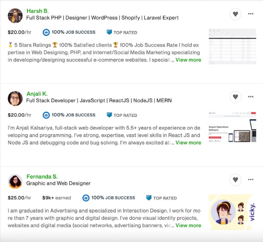 Screenshot of web designer in Upwork with their rate and profile