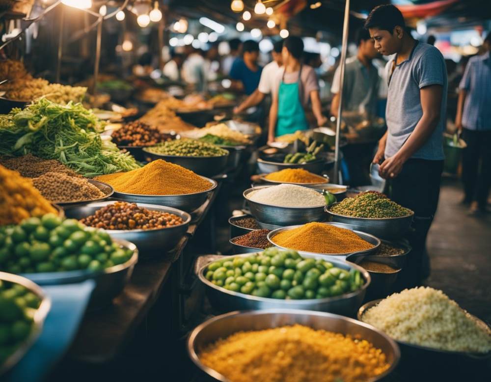 a man in front of different spices in the middle of the market