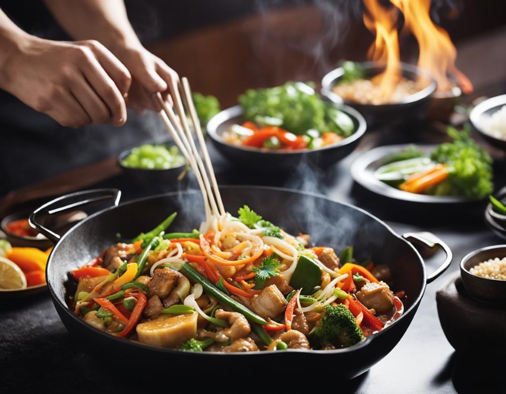 hands on top of a menu dish filled of veggies and seafoods
