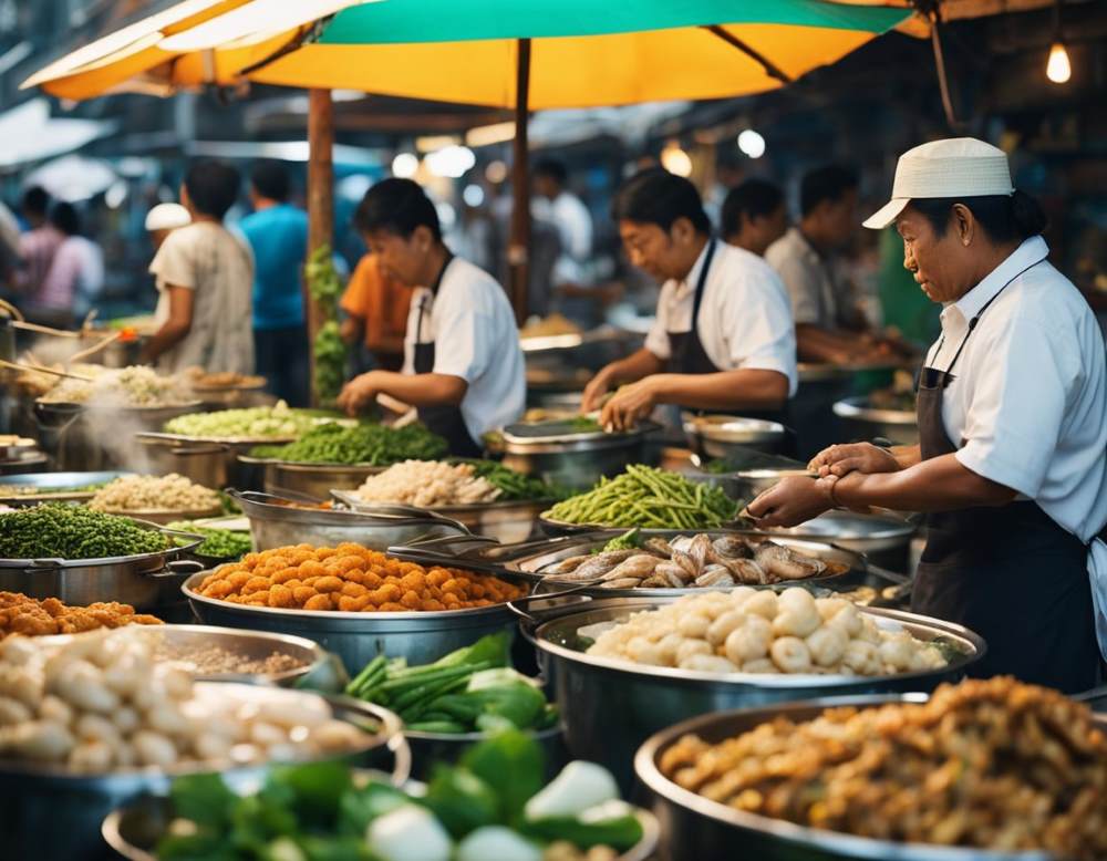 mens in white shirt and cap and black apron working in the market of different foods