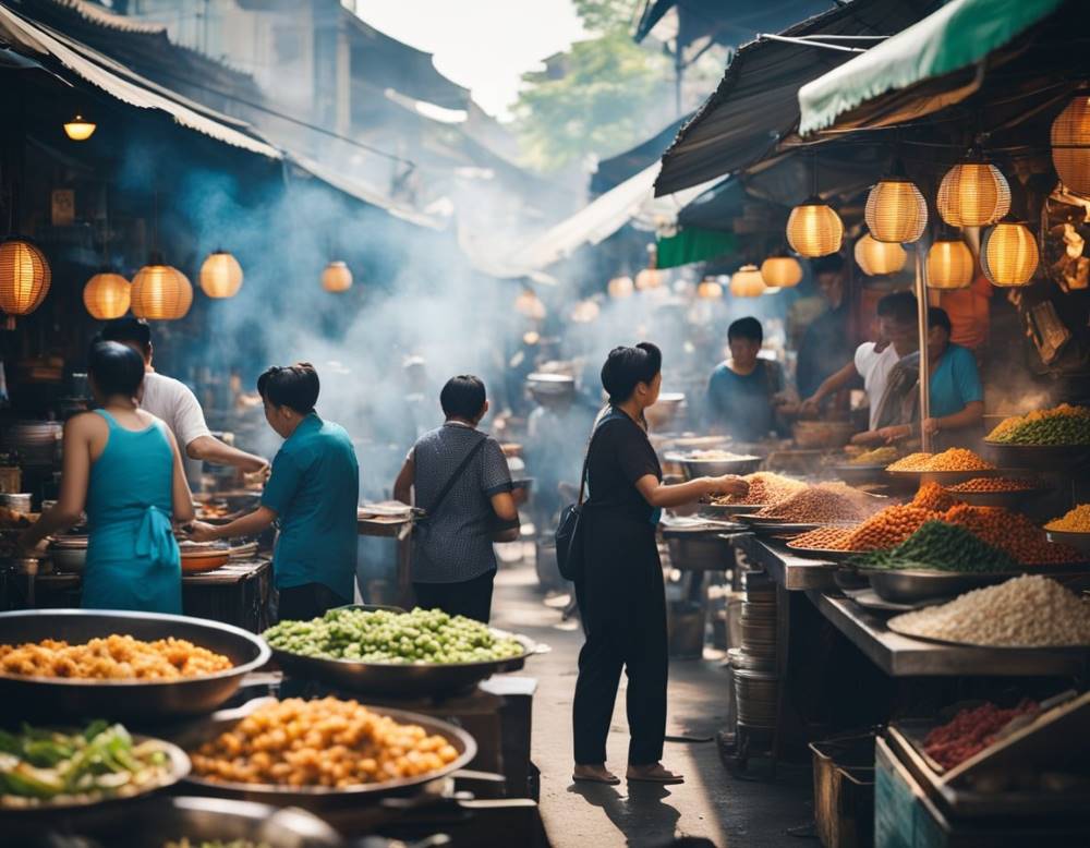 people roaming around in the middle of a food market