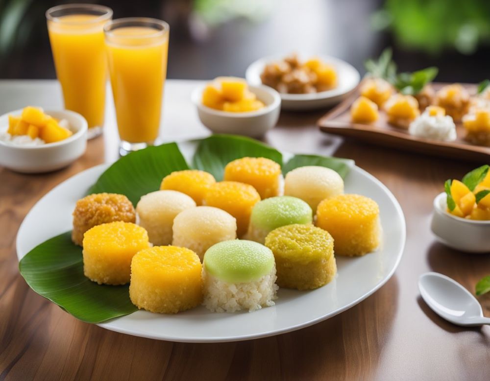 rice cakes in yellow and green on top of green leaf in a white plate, beside is mango juice and some mango sweets
