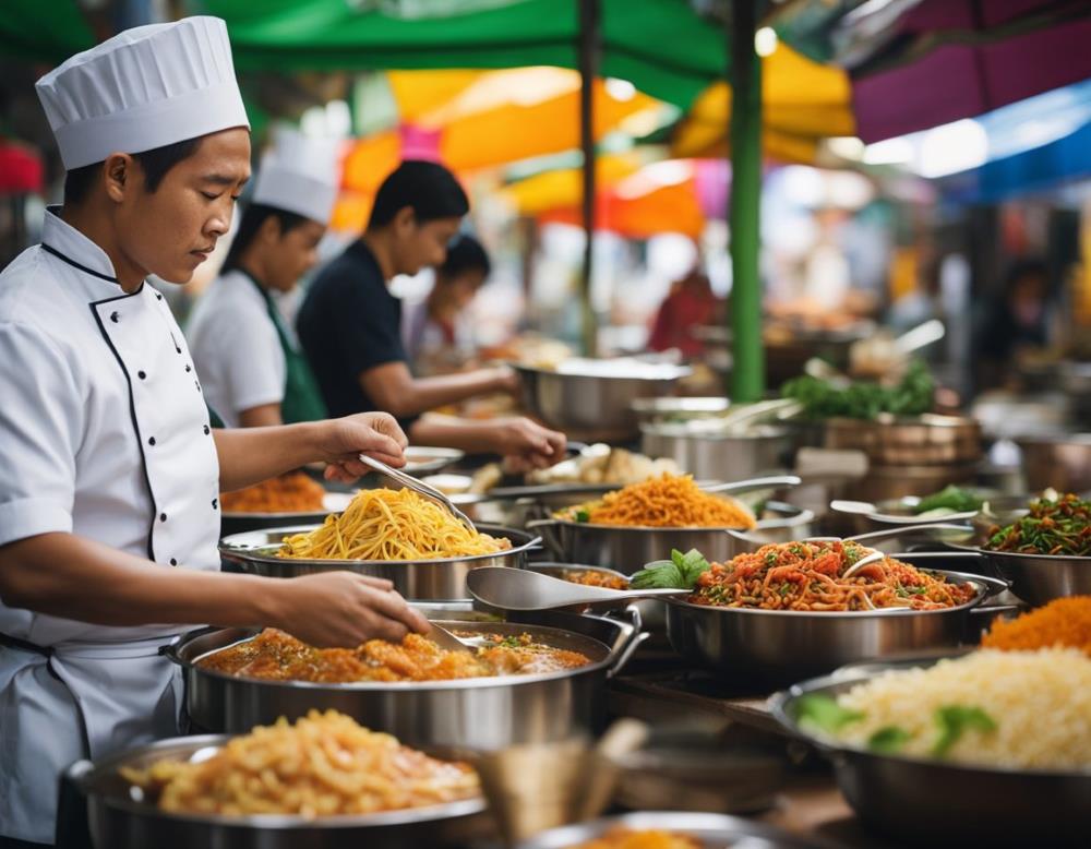 a man in chef uniform in front on different dishes outdoor