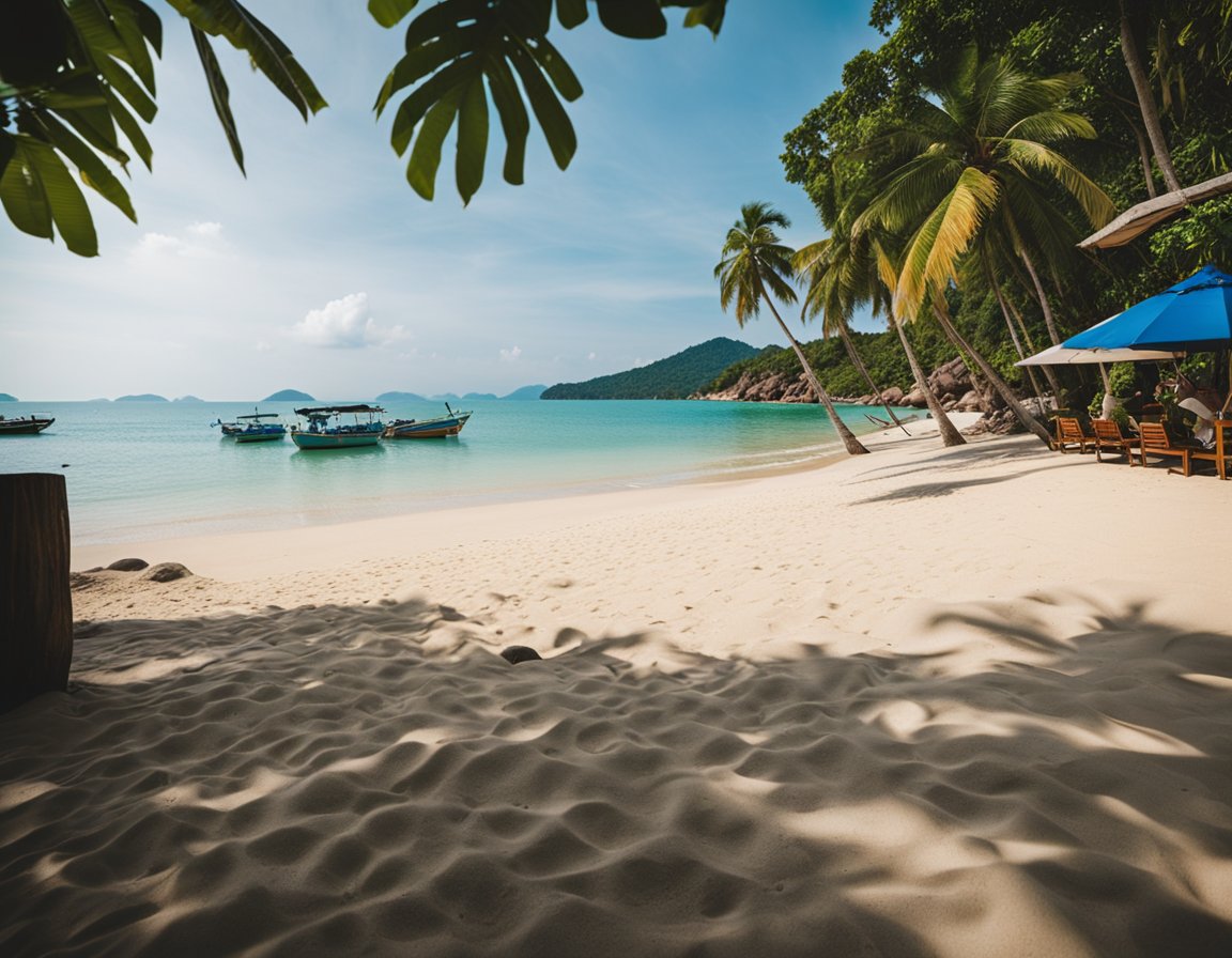 boat in the side of the beach near the shore with coconut trees