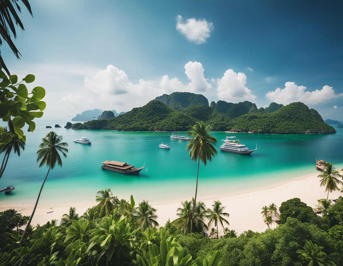 big boats in the middle of the ocean with mountain that are full of green trees in the background