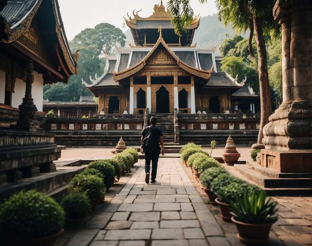 man walking toward a temple house