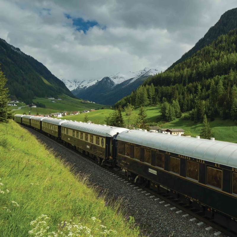 train in between green fields