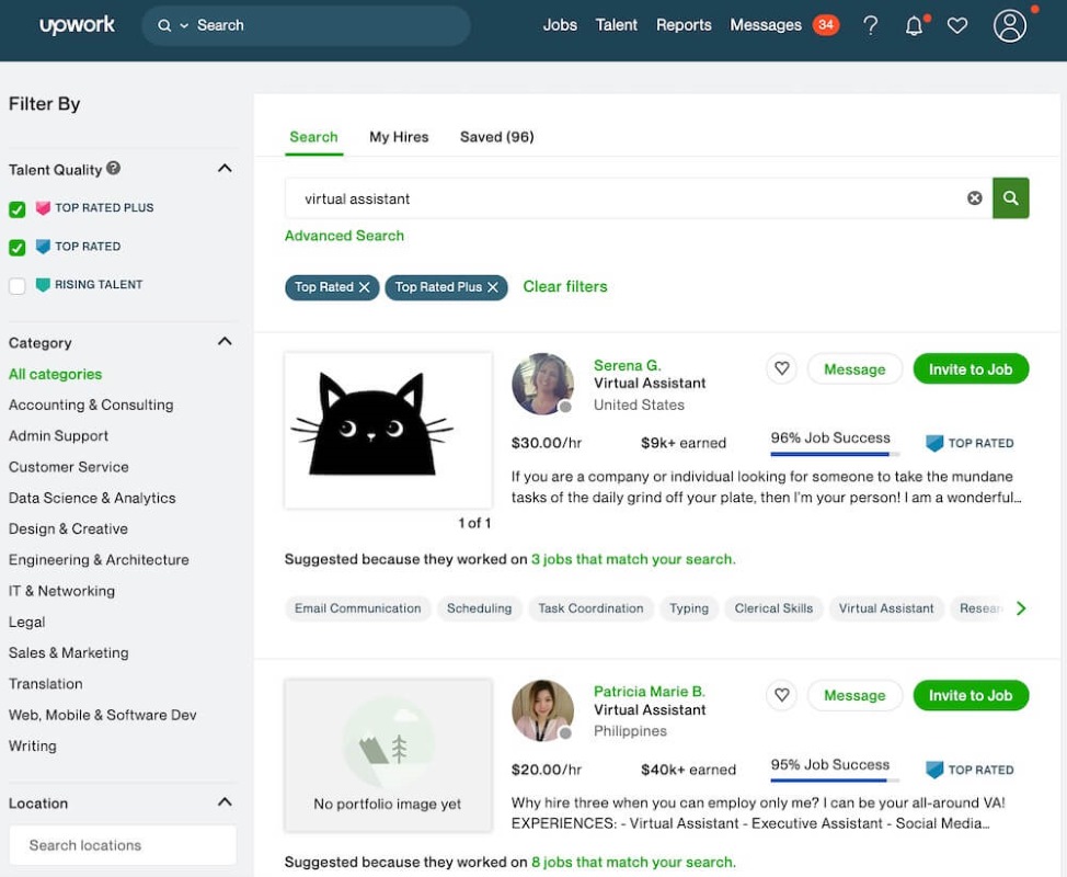 Screenshot of Upwork with search result for virtual assistant
