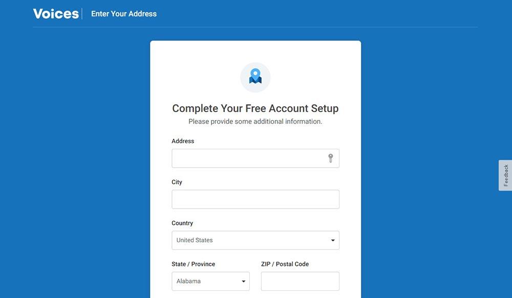 Screenshot of Voices-signup page